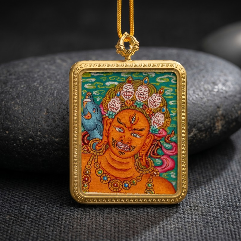 Red Jambhala Hand-Painted Thangka Pendant | God of Social Wealth & Relationship Luck Amulet