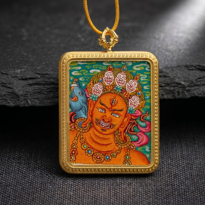 Red Jambhala Hand-Painted Thangka Pendant | God of Social Wealth & Relationship Luck Amulet image 2