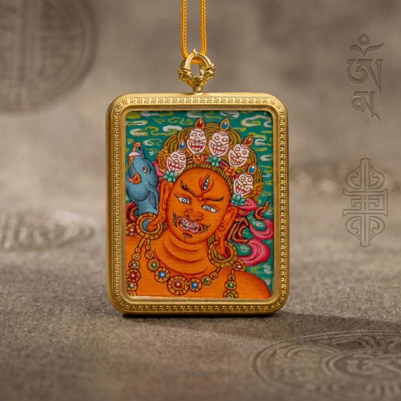Red Jambhala Hand-Painted Thangka Pendant | God of Social Wealth & Relationship Luck Amulet image 3