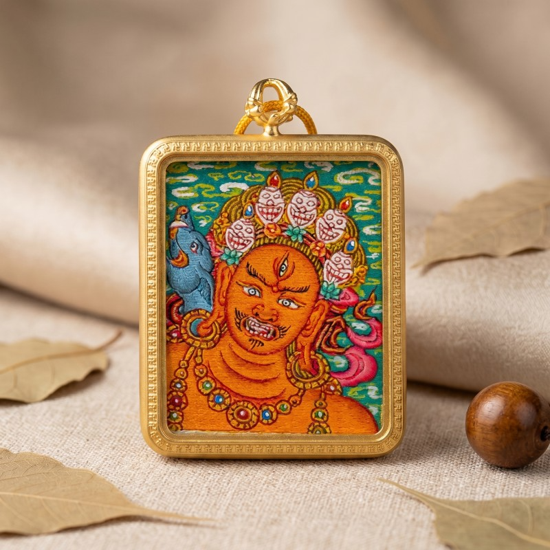 Red Jambhala Hand-Painted Thangka Pendant | God of Social Wealth & Relationship Luck Amulet image 4