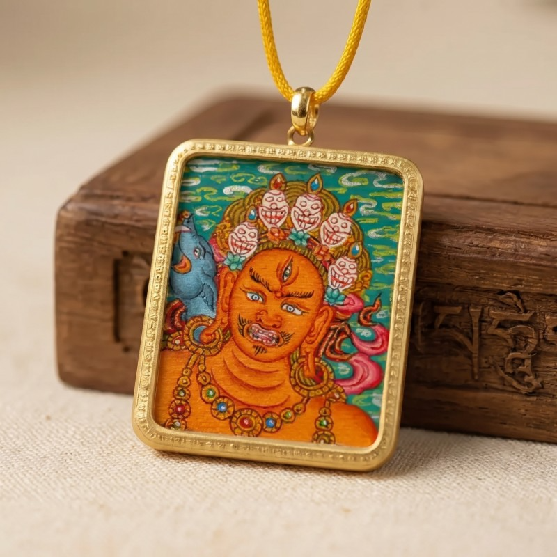 Red Jambhala Hand-Painted Thangka Pendant | God of Social Wealth & Relationship Luck Amulet image 5