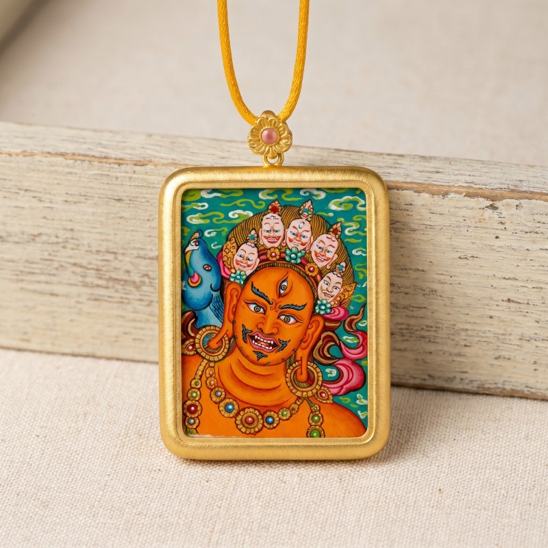 Red Jambhala Hand-Painted Thangka Pendant | God of Social Wealth & Relationship Luck Amulet image 6