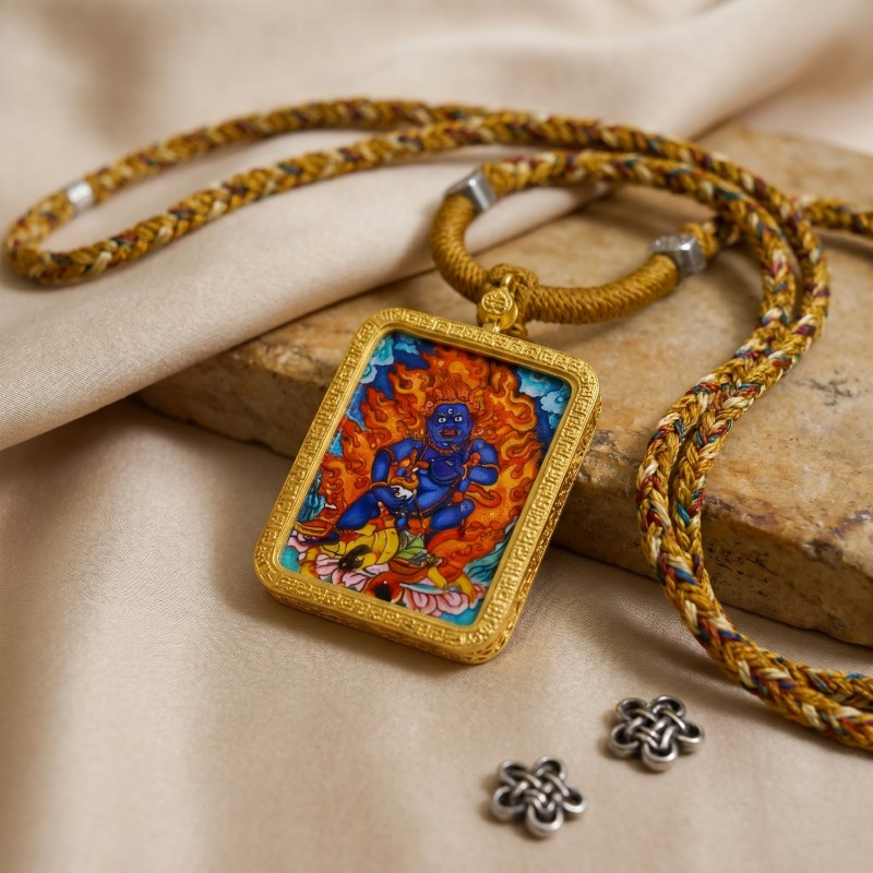 Red Jambhala Hand-Painted Thangka Pendant | God of Wealth, Relationships & Good Fortune Amulet
