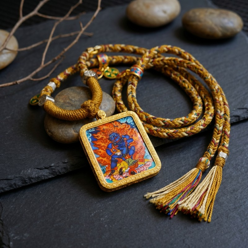 Red Jambhala Hand-Painted Thangka Pendant | God of Wealth, Relationships & Good Fortune Amulet image 2