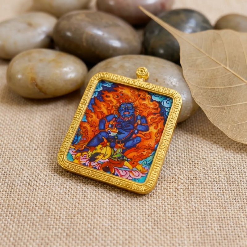 Red Jambhala Hand-Painted Thangka Pendant | God of Wealth, Relationships & Good Fortune Amulet image 3