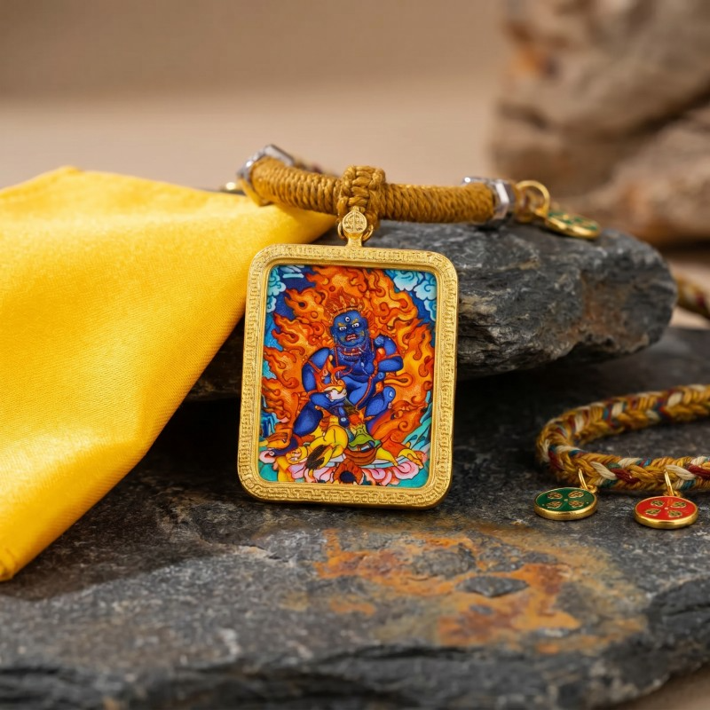 Red Jambhala Hand-Painted Thangka Pendant | God of Wealth, Relationships & Good Fortune Amulet image 4
