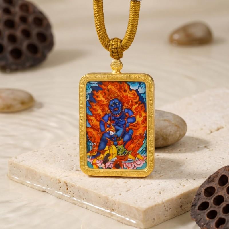Red Jambhala Hand-Painted Thangka Pendant | God of Wealth, Relationships & Good Fortune Amulet image 5