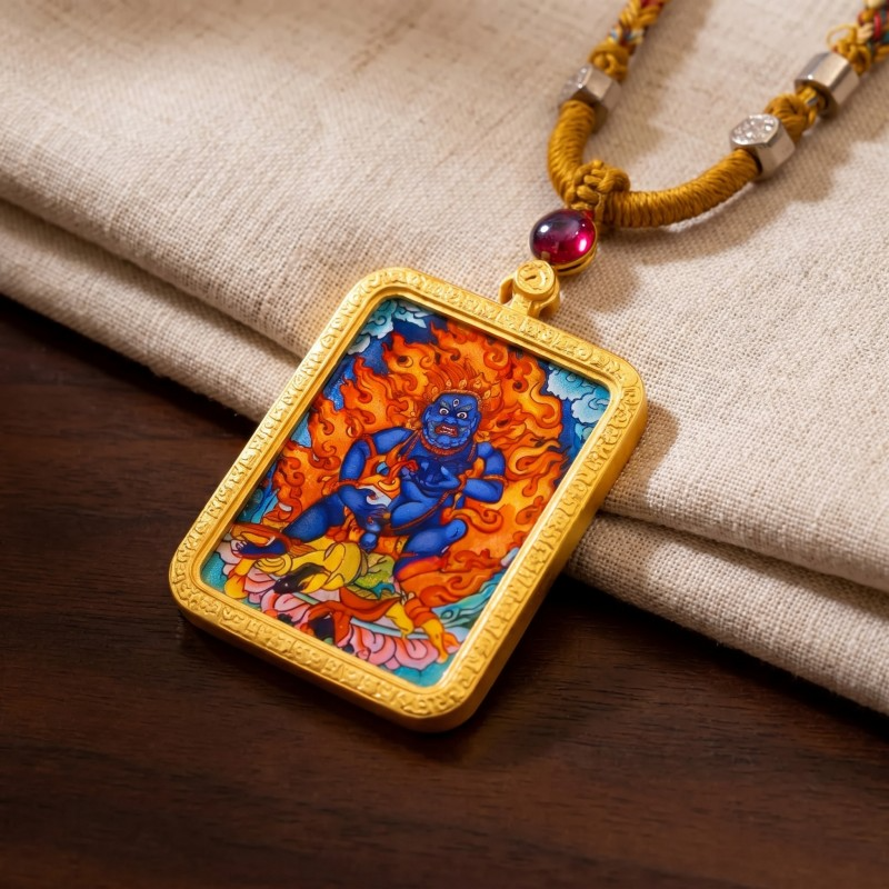 Red Jambhala Hand-Painted Thangka Pendant | God of Wealth, Relationships & Good Fortune Amulet image 6