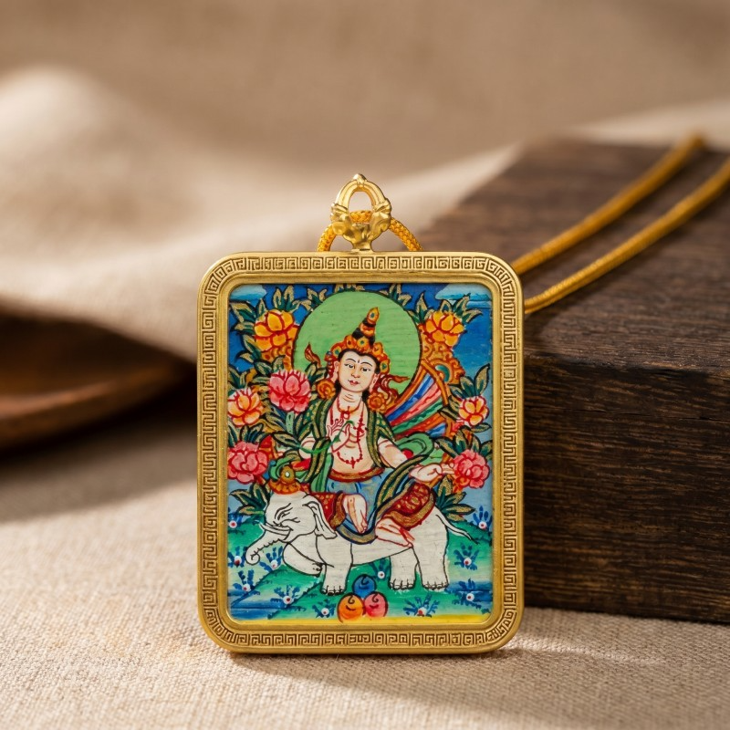 Samantabhadra Bodhisattva Hand-Painted Thangka Pendant | Guardian of Kindness & Success Amulet