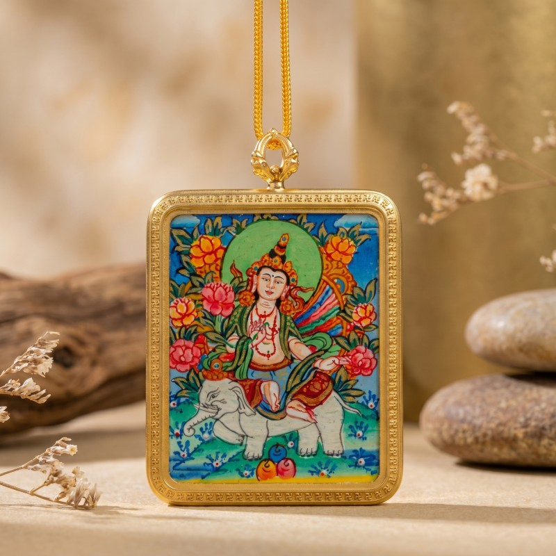 Samantabhadra Bodhisattva Hand-Painted Thangka Pendant | Guardian of Kindness & Success Amulet image 2