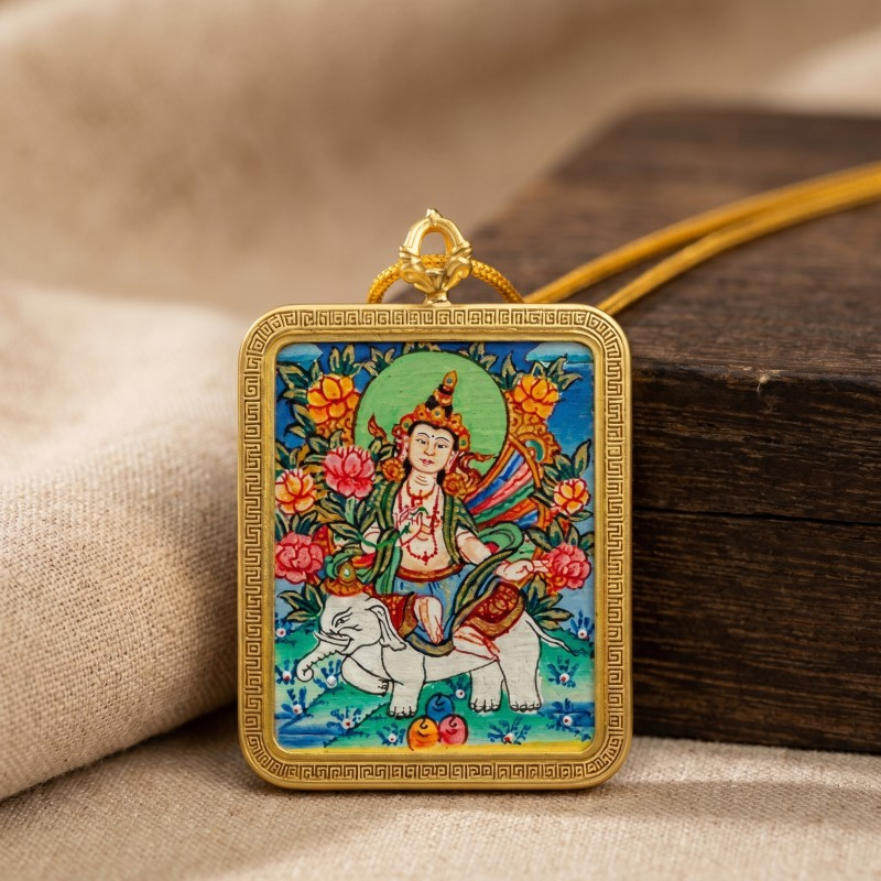 Samantabhadra Bodhisattva Hand-Painted Thangka Pendant | Guardian of Kindness & Success Amulet image 3