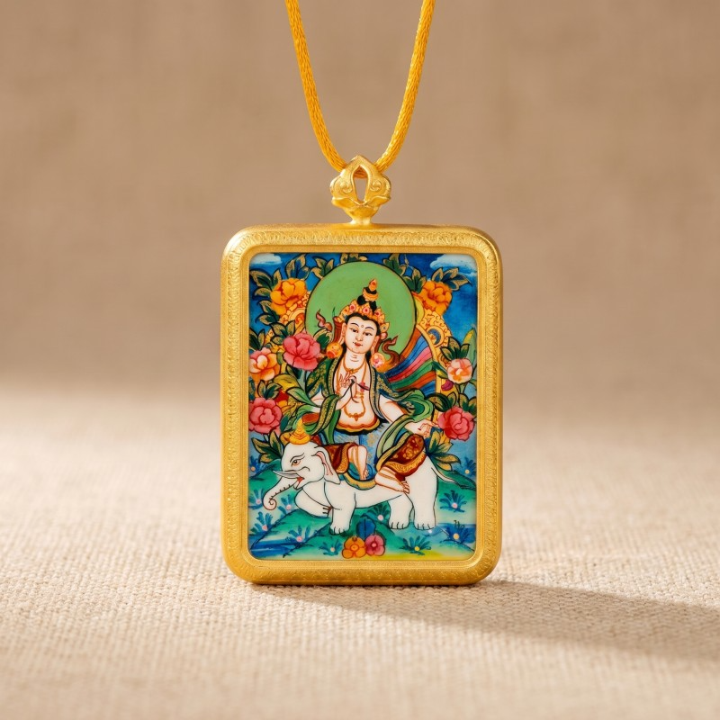 Samantabhadra Bodhisattva Hand-Painted Thangka Pendant | Guardian of Kindness & Success Amulet image 4