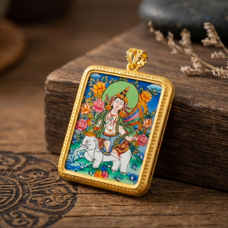 Samantabhadra Bodhisattva Hand-Painted Thangka Pendant | Guardian of Kindness & Success Amulet image 6