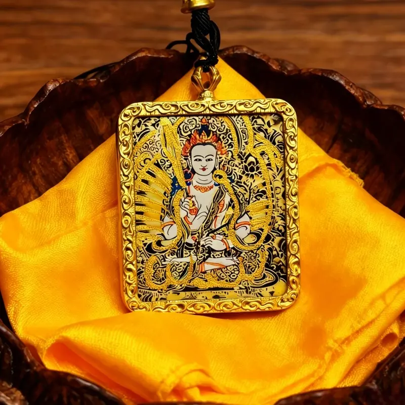 Samantabhadra Hand-Painted Thangka Pendant | Bodhisattva of Universal Virtue & Auspiciousness Amulet image 3