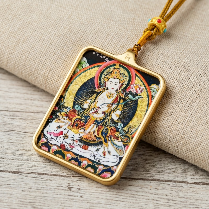 Samantabhadra (Pu Xian) Hand-Painted Thangka Pendant | Bodhisattva of Universal Virtue & Action Amulet