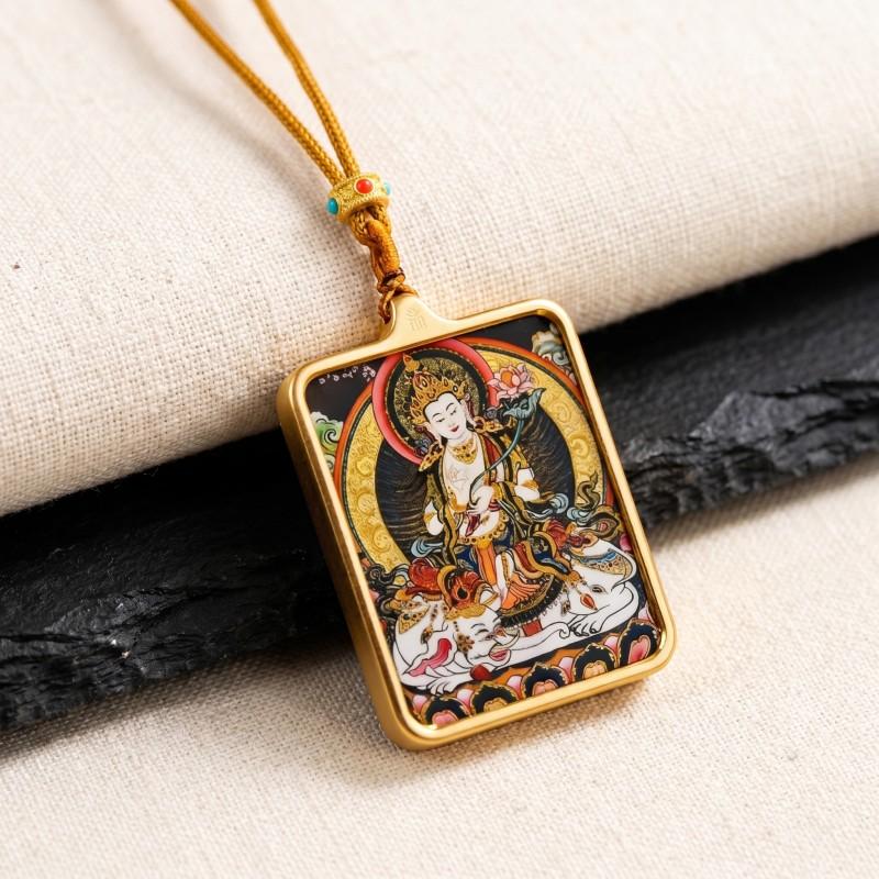 Samantabhadra (Pu Xian) Hand-Painted Thangka Pendant | Bodhisattva of Universal Virtue & Action Amulet image 2