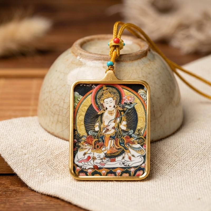 Samantabhadra (Pu Xian) Hand-Painted Thangka Pendant | Bodhisattva of Universal Virtue & Action Amulet image 3
