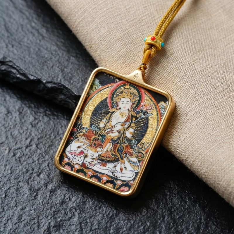 Samantabhadra (Pu Xian) Hand-Painted Thangka Pendant | Bodhisattva of Universal Virtue & Action Amulet image 4