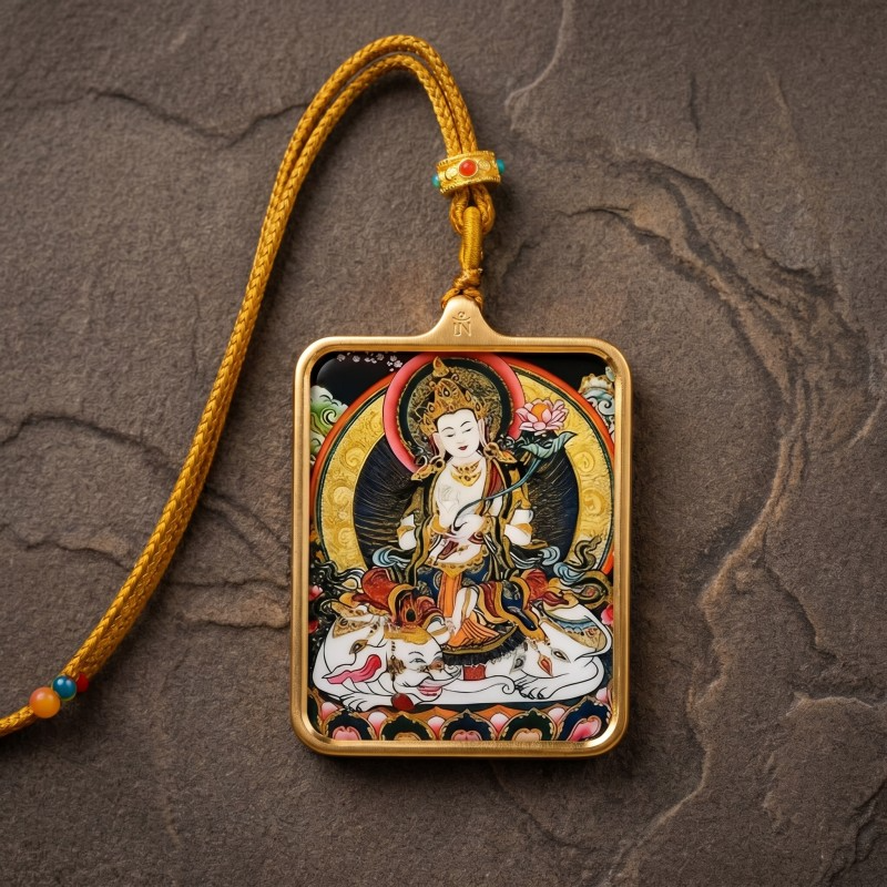 Samantabhadra (Pu Xian) Hand-Painted Thangka Pendant | Bodhisattva of Universal Virtue & Action Amulet image 5
