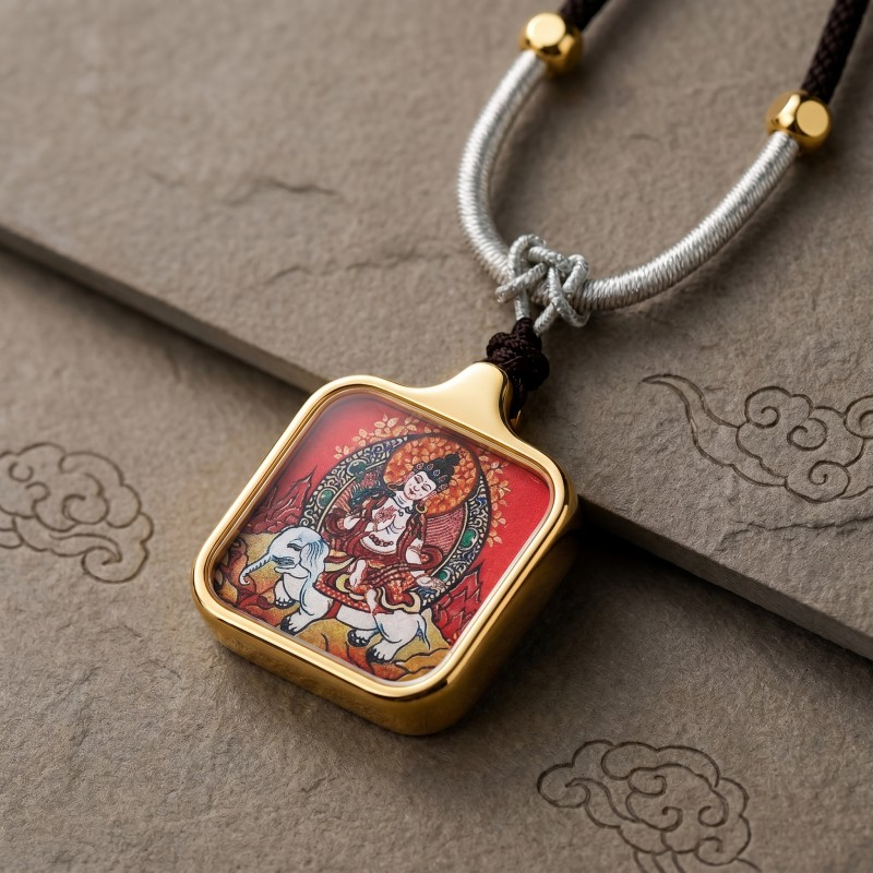 Samantabhadra (Pu Xian) Hand-Painted Thangka Pendant | Bodhisattva of Universal Virtue & Action Amulet