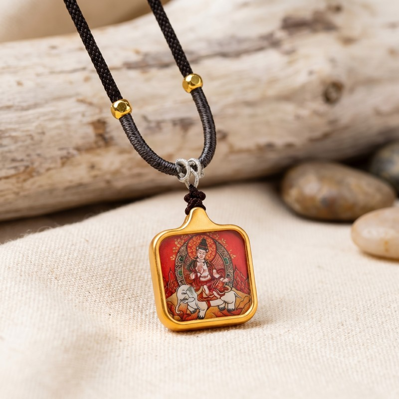 Samantabhadra (Pu Xian) Hand-Painted Thangka Pendant | Bodhisattva of Universal Virtue & Action Amulet image 2
