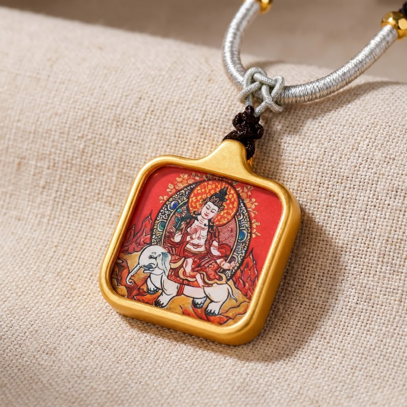Samantabhadra (Pu Xian) Hand-Painted Thangka Pendant | Bodhisattva of Universal Virtue & Action Amulet image 3
