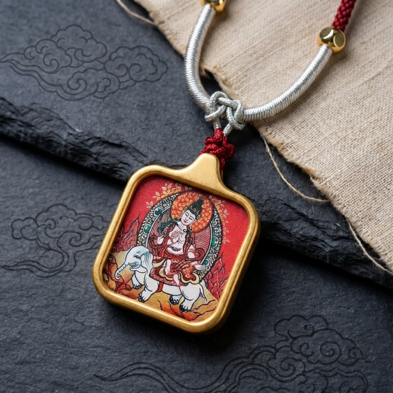 Samantabhadra (Pu Xian) Hand-Painted Thangka Pendant | Bodhisattva of Universal Virtue & Action Amulet image 4