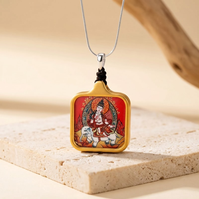 Samantabhadra (Pu Xian) Hand-Painted Thangka Pendant | Bodhisattva of Universal Virtue & Action Amulet image 5