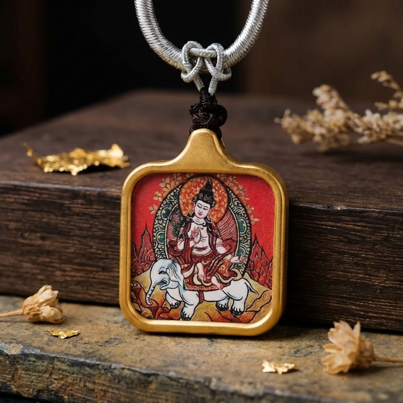 Samantabhadra (Pu Xian) Hand-Painted Thangka Pendant | Bodhisattva of Universal Virtue & Action Amulet image 6
