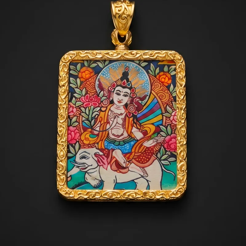 Samantabhadra (Puxian) Bodhisattva Hand-Painted Thangka Pendant | Amulet for Virtue & Spiritual Growth