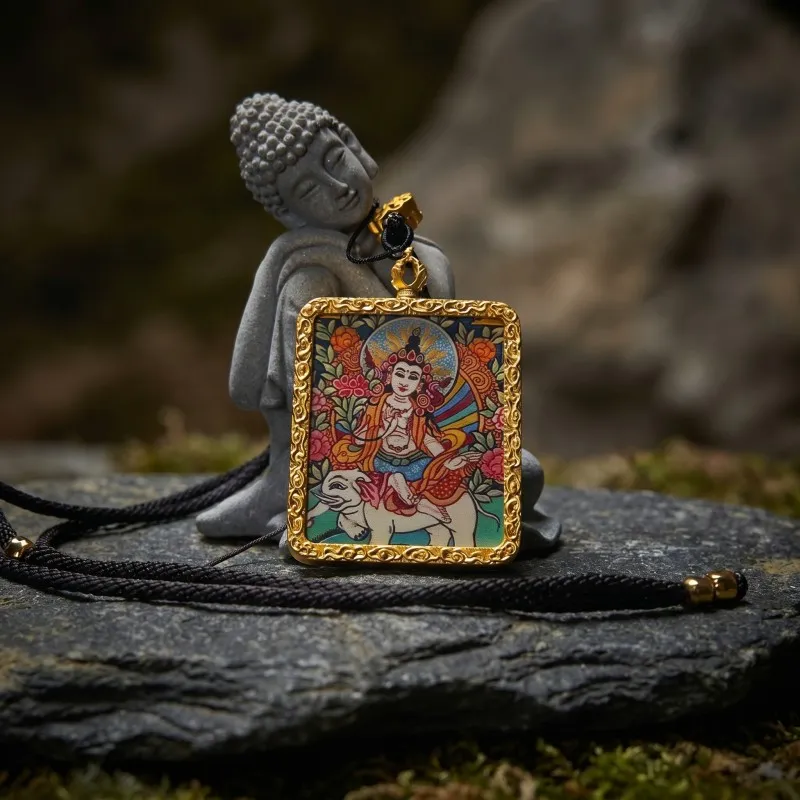 Samantabhadra (Puxian) Bodhisattva Hand-Painted Thangka Pendant | Amulet for Virtue & Spiritual Growth image 2