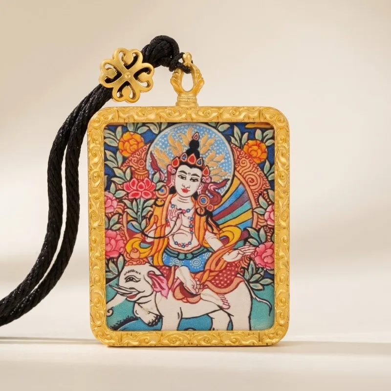Samantabhadra (Puxian) Bodhisattva Hand-Painted Thangka Pendant | Amulet for Virtue & Spiritual Growth image 3