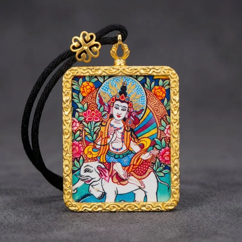 Samantabhadra (Puxian) Bodhisattva Hand-Painted Thangka Pendant | Amulet for Virtue & Spiritual Growth image 4