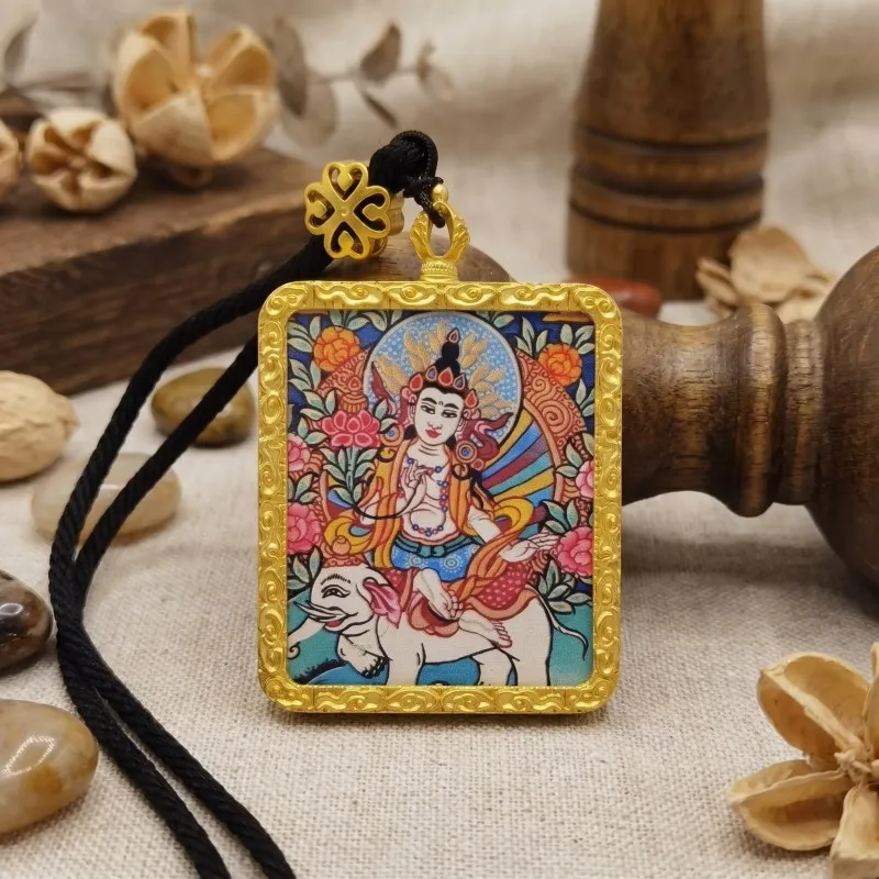 Samantabhadra (Puxian) Bodhisattva Hand-Painted Thangka Pendant | Amulet for Virtue & Spiritual Growth image 5