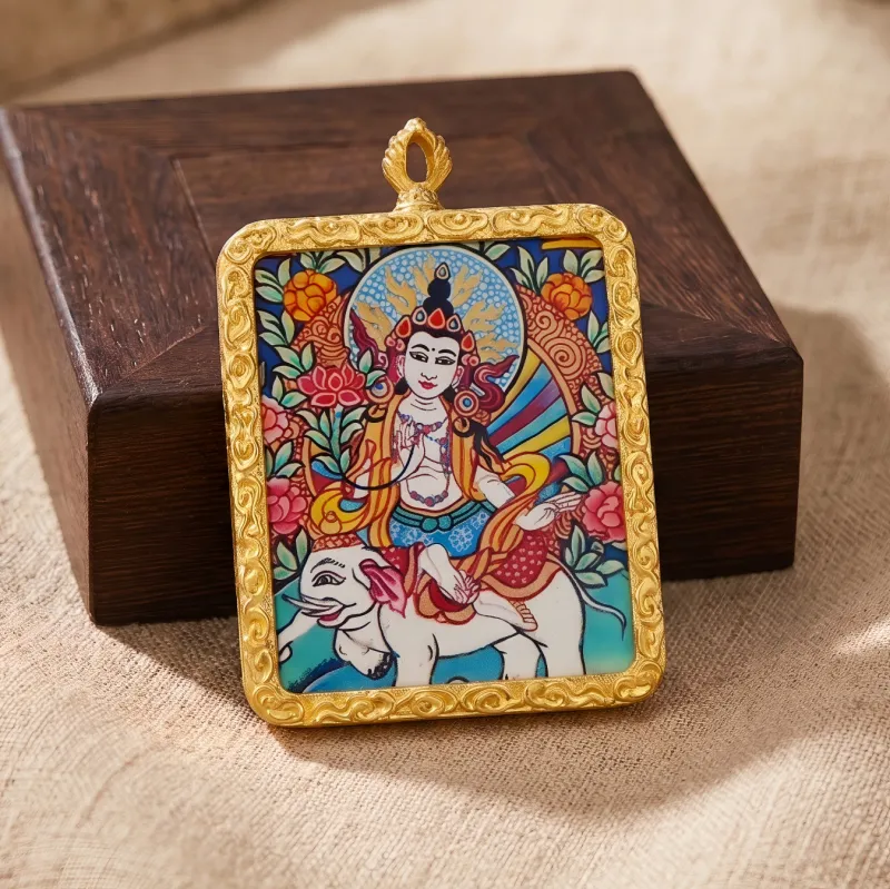 Samantabhadra (Puxian) Bodhisattva Hand-Painted Thangka Pendant | Amulet for Virtue & Spiritual Growth image 6
