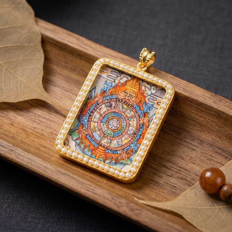 Samsara Wheel (Bhavachakra) Hand-Painted Thangka Pendant | Amulet for Karmic Awareness & Protection