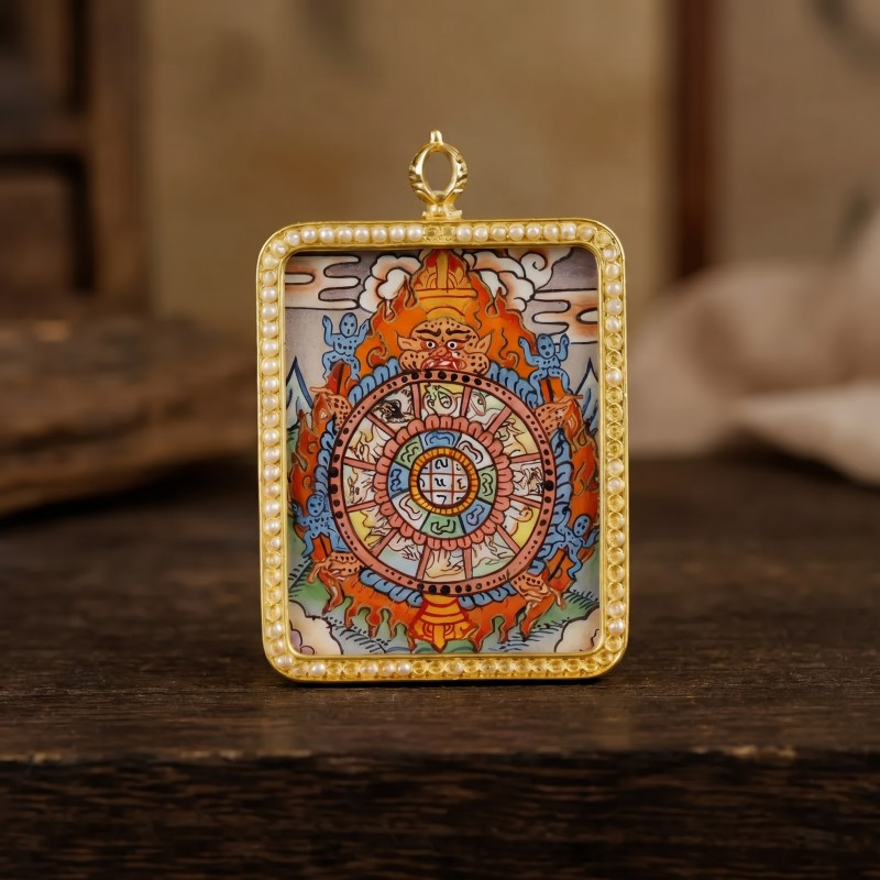 Samsara Wheel (Bhavachakra) Hand-Painted Thangka Pendant | Amulet for Karmic Awareness & Protection image 2