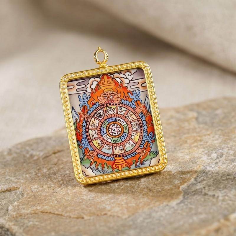 Samsara Wheel (Bhavachakra) Hand-Painted Thangka Pendant | Amulet for Karmic Awareness & Protection image 3
