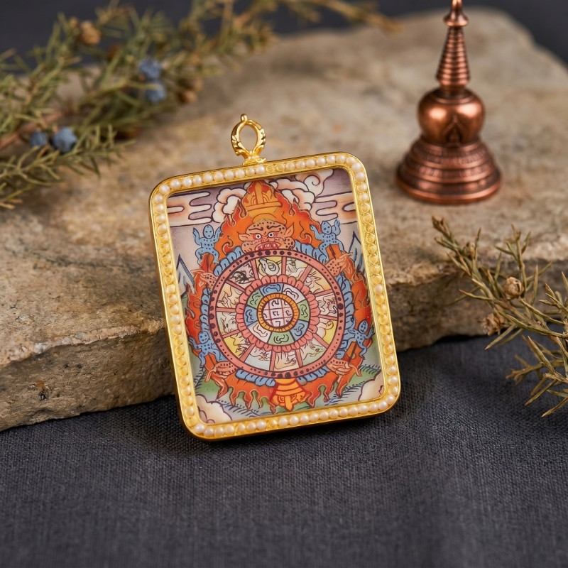 Samsara Wheel (Bhavachakra) Hand-Painted Thangka Pendant | Amulet for Karmic Awareness & Protection image 4