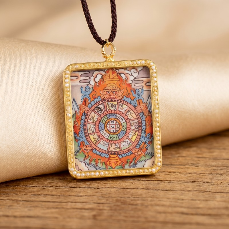 Samsara Wheel (Bhavachakra) Hand-Painted Thangka Pendant | Amulet for Karmic Awareness & Protection image 5
