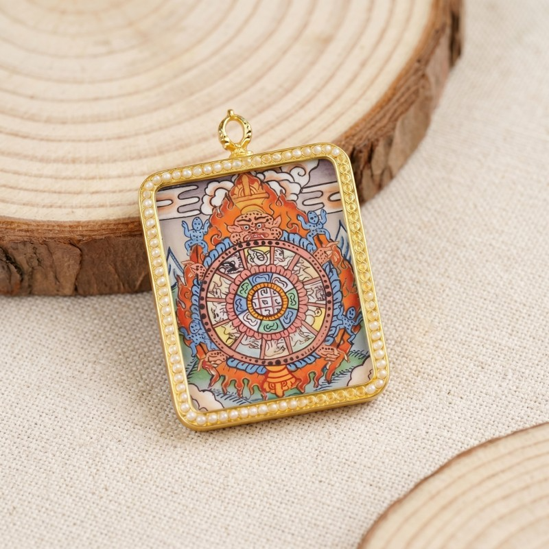 Samsara Wheel (Bhavachakra) Hand-Painted Thangka Pendant | Amulet for Karmic Awareness & Protection image 6