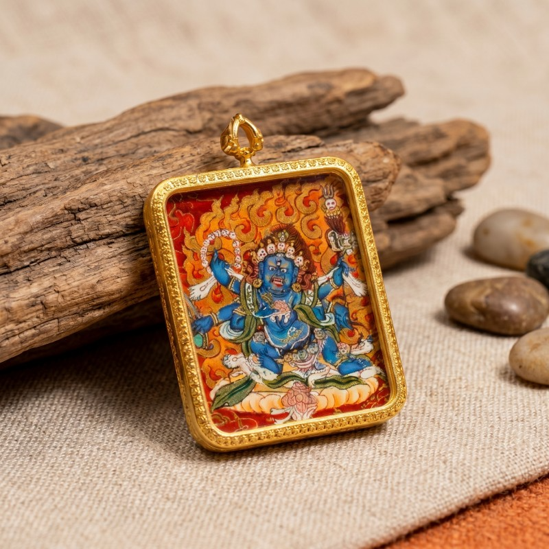 Six-Armed Mahakala Hand-Painted Thangka Pendant | Fierce Dharma Protector Amulet Against Harm & Obstacles