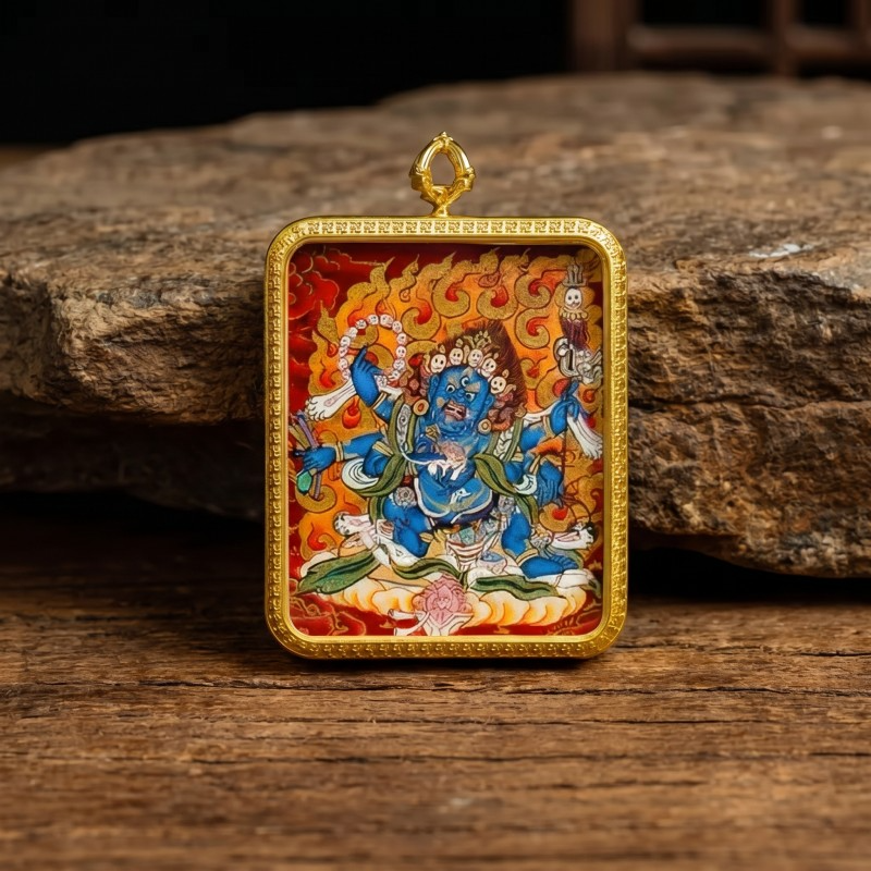 Six-Armed Mahakala Hand-Painted Thangka Pendant | Fierce Dharma Protector Amulet Against Harm & Obstacles image 2
