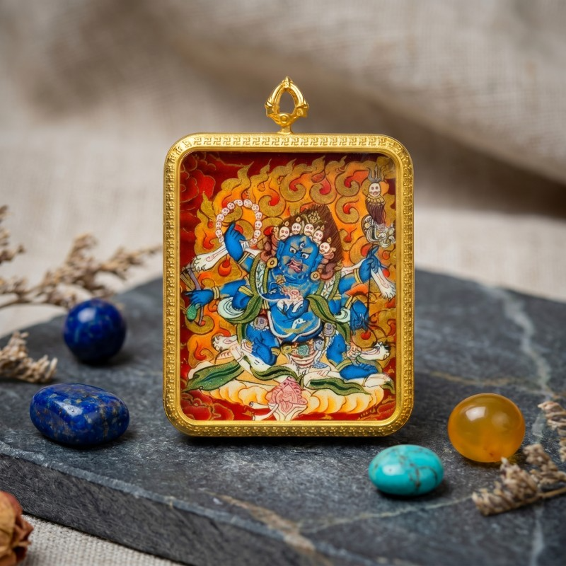 Six-Armed Mahakala Hand-Painted Thangka Pendant | Fierce Dharma Protector Amulet Against Harm & Obstacles image 3