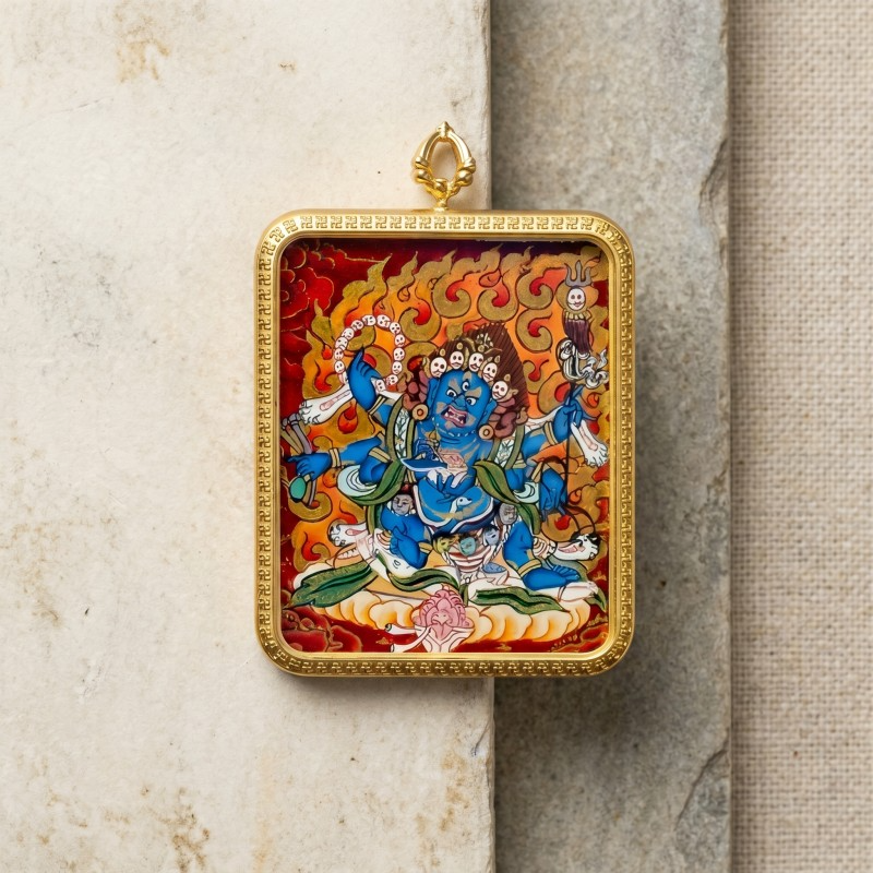 Six-Armed Mahakala Hand-Painted Thangka Pendant | Fierce Dharma Protector Amulet Against Harm & Obstacles image 4