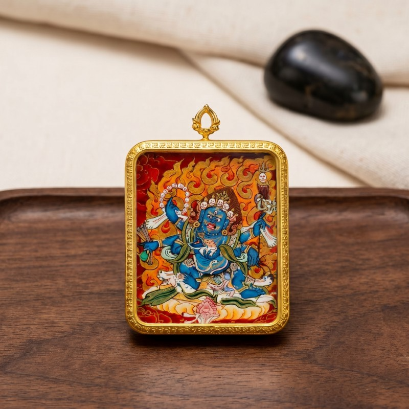 Six-Armed Mahakala Hand-Painted Thangka Pendant | Fierce Dharma Protector Amulet Against Harm & Obstacles image 5