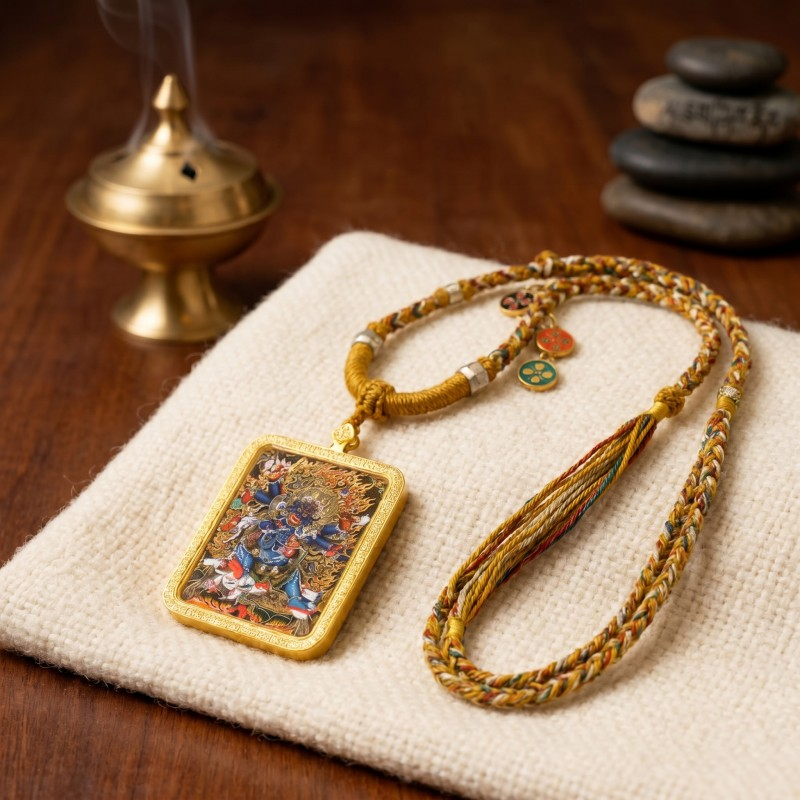 Six-Armed Mahakala Hand-Painted Thangka Pendant | Fierce Protector of the Dharma Amulet