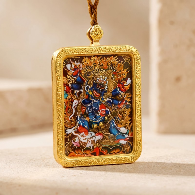 Six-Armed Mahakala Hand-Painted Thangka Pendant | Fierce Protector of the Dharma Amulet image 2