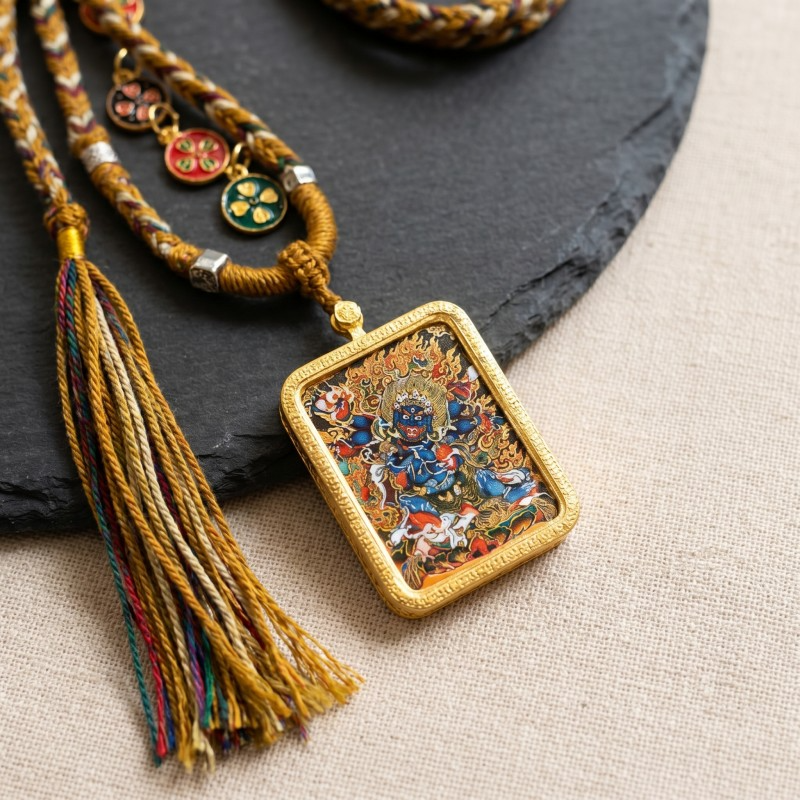 Six-Armed Mahakala Hand-Painted Thangka Pendant | Fierce Protector of the Dharma Amulet image 3