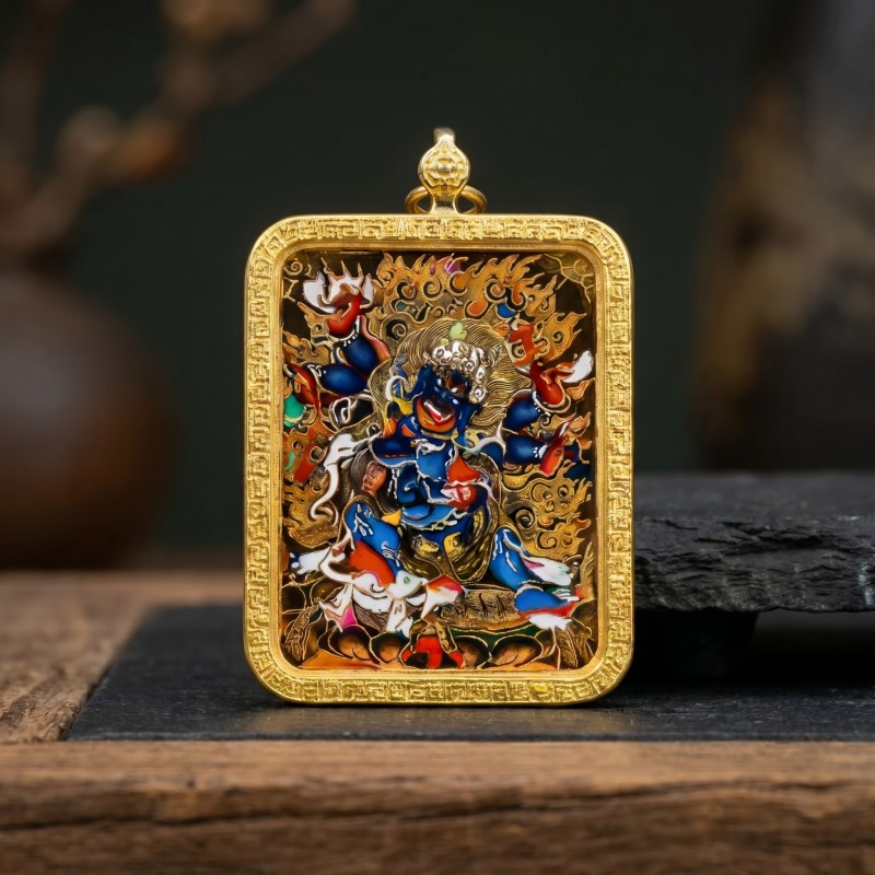 Six-Armed Mahakala Hand-Painted Thangka Pendant | Fierce Protector of the Dharma Amulet image 4